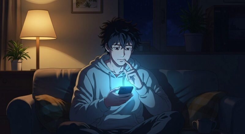 静かな部屋でスマホにメッセージを打つ男性