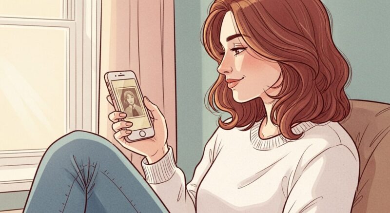 スマホの写真を見て懐かしそうに微笑む女性