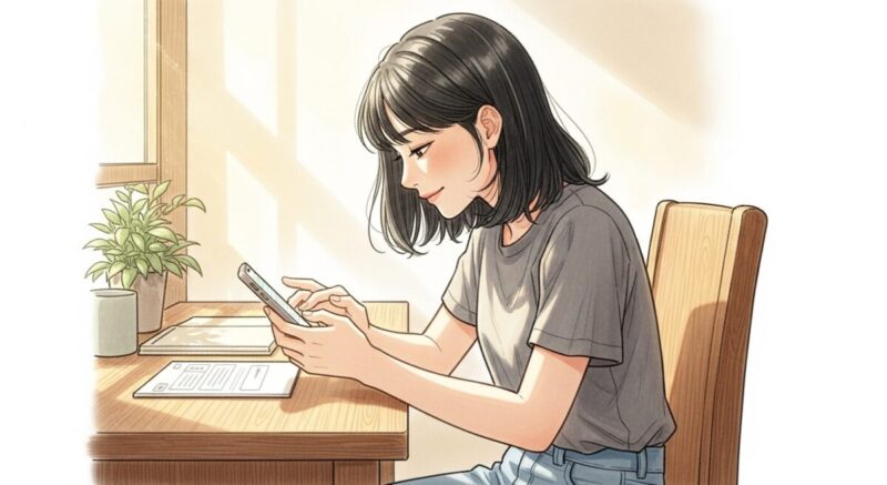 スマホでメッセージを打つ穏やかな表情の女性