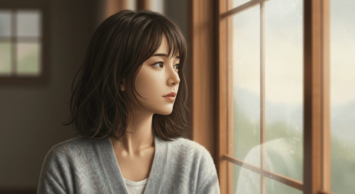 窓辺で静かに外を見つめる日本人女性の繊細なイラスト。優しい光に包まれた落ち着いた雰囲気。