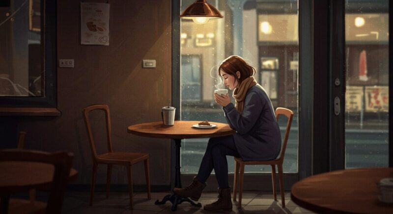 カフェの隅で思案にふける女性のイラスト。感情を整理する冷静な雰囲気