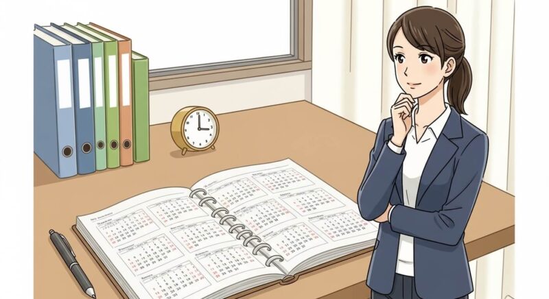日数を考える女性とカレンダー、時計を描いたイラスト。期間の目安に悩む様子。