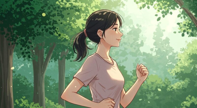 朝の光の中でジョギングする女性のイラスト。前向きな自分磨きの象徴。