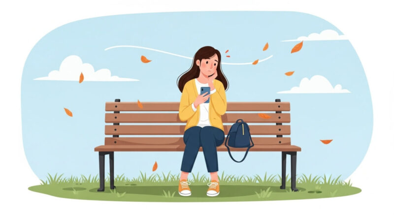 スマートフォンを手にした女性が静かな公園で連絡を迷う様子