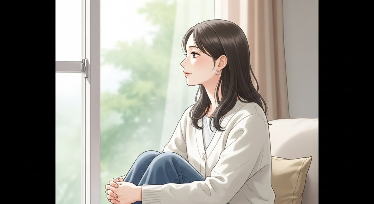 窓辺で静かに自分と向き合う日本人女性