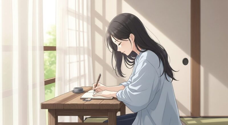 机で日記をつけながら自分と向き合う女性