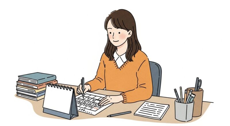 カレンダーを見ながら冷静に予定を考える女性