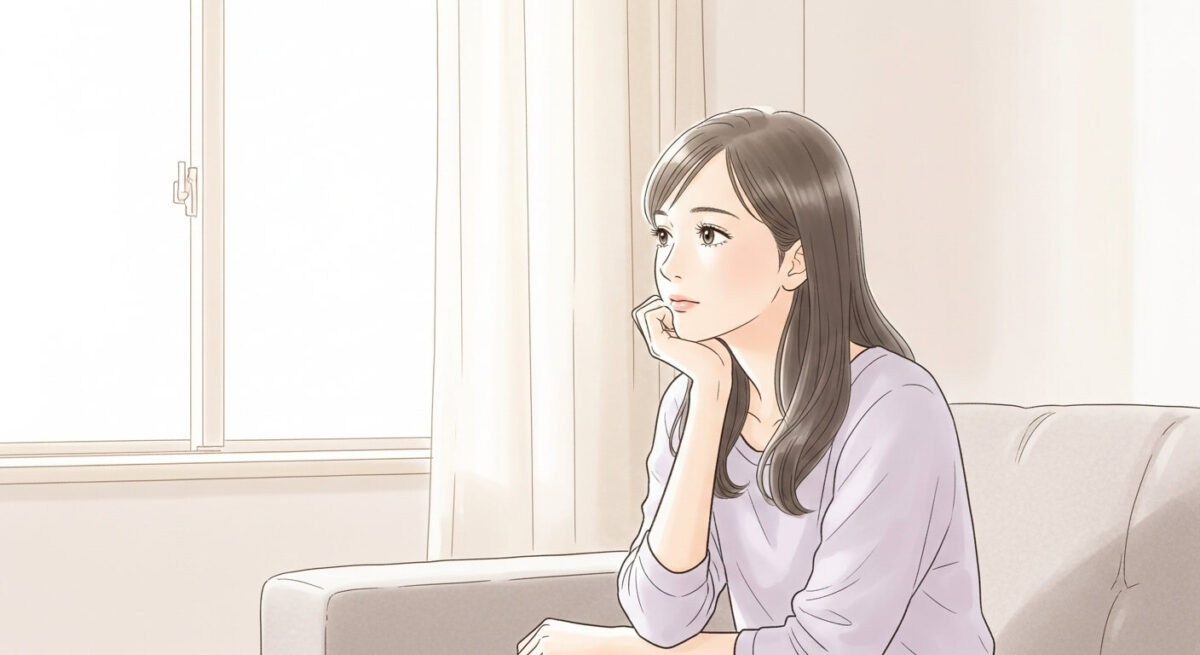 窓辺で静かに考え込む30代女性