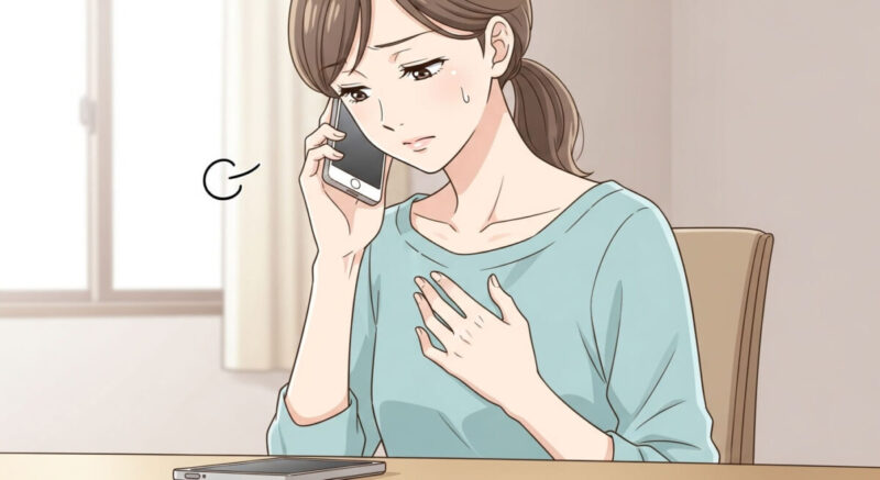 電話後に胸に手を当てて不安を感じる女性