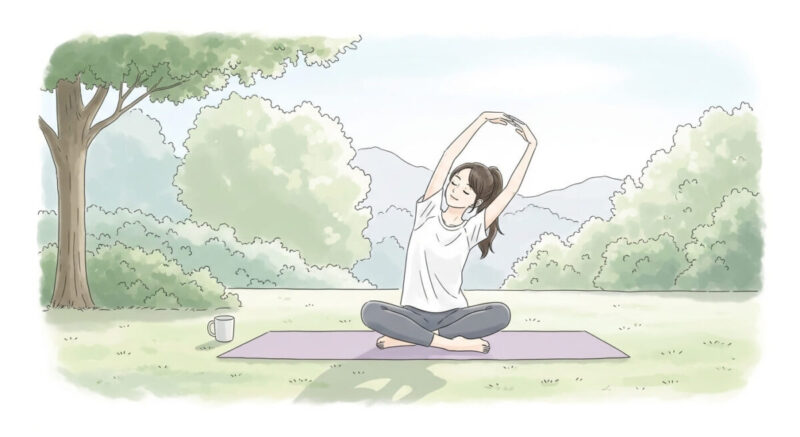 朝の公園でストレッチをする落ち着いた女性