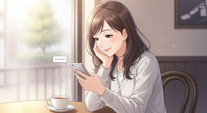 スマホの画面を見て微笑む女性のカフェ