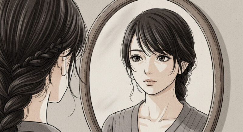 鏡を通して自分を見つめ直す女性