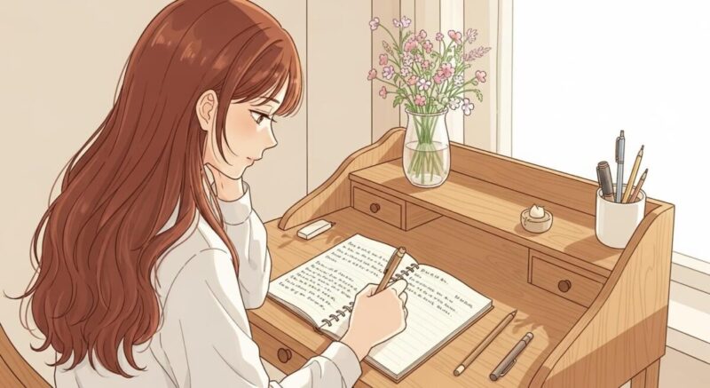 ノートに自分の気持ちを丁寧に書く女性