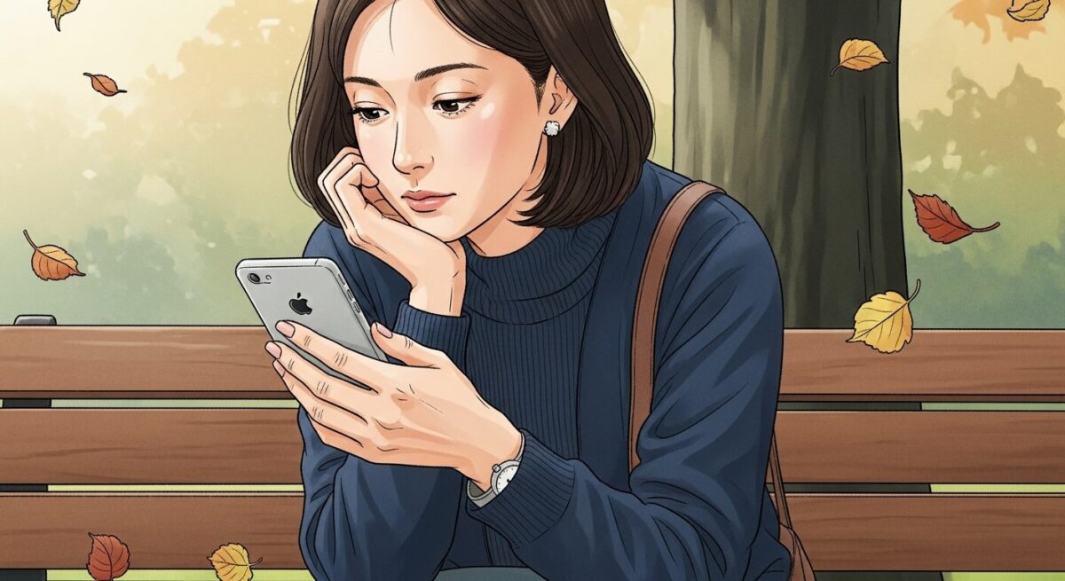 夕暮れの歩道橋でスマートフォンを手に佇む女性