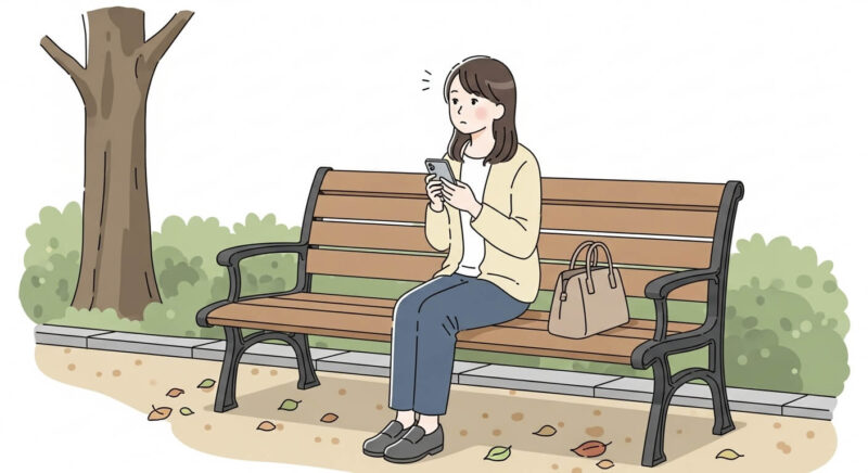 秋の公園でスマートフォンを持ちながら物思いにふける女性