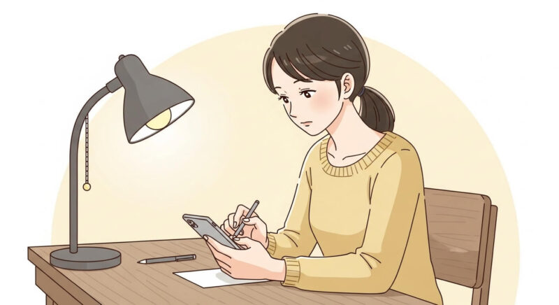 自室の机でメッセージ内容に悩みながらスマートフォンを操作する女性