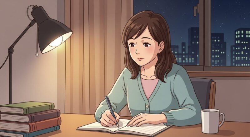 夜の静かな部屋でノートに思いを綴る女性