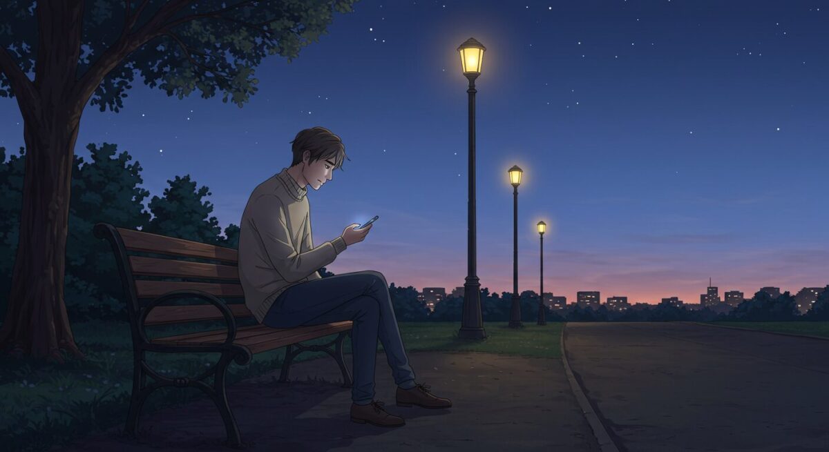 夕暮れの公園でスマホを見つめる男性