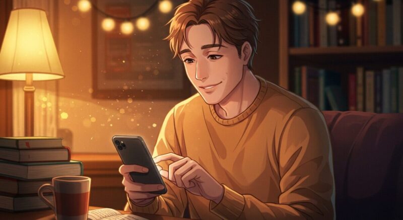 穏やかな表情でスマホにメッセージを打つ男性
