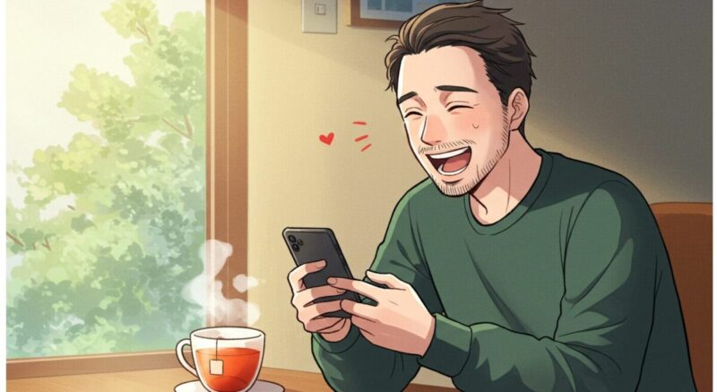 スマホを見て穏やかに微笑む男性