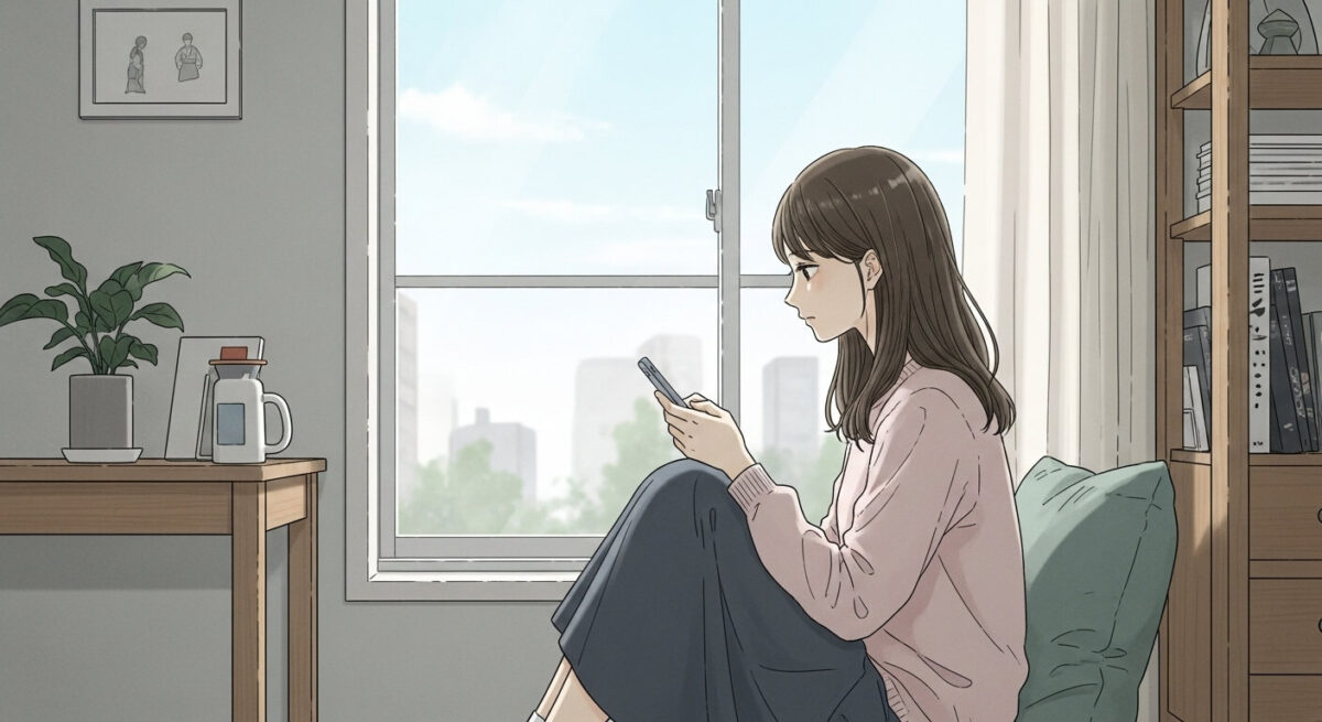メッセージを送るか迷いながら静かに窓辺に座る日本人女性の落ち着いた雰囲気