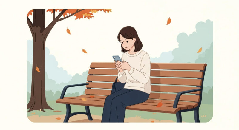 携帯を手にしながらも連絡を取らず、考え込む日本人女性のイラスト(秋の公園で静かな時間を過ごす様子)