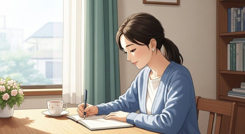 連絡を絶った時間を使って、自分を見つめ直すために日記をつける日本人女性の