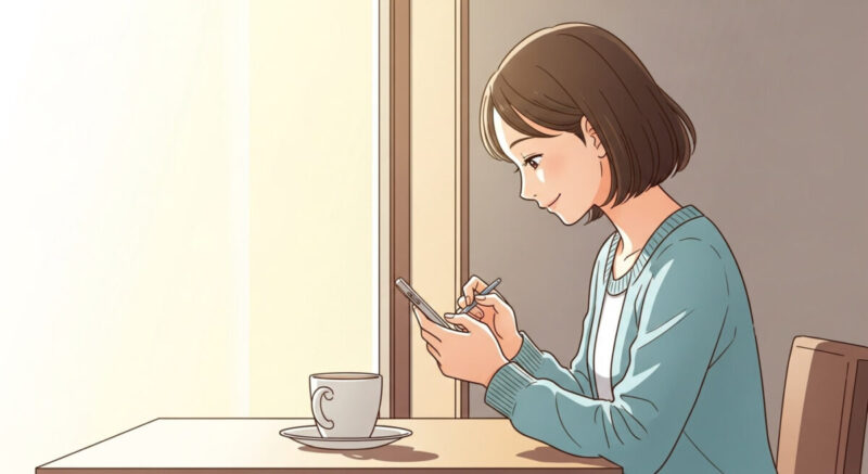 連絡再開のタイミングを見極めながら、慎重にメッセージを打つ日本人女性の前向きな表情