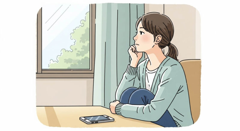 連絡を控える選択の裏にあるリスクに思いを巡らせながら、窓の外を見つめる日本人女性の繊細