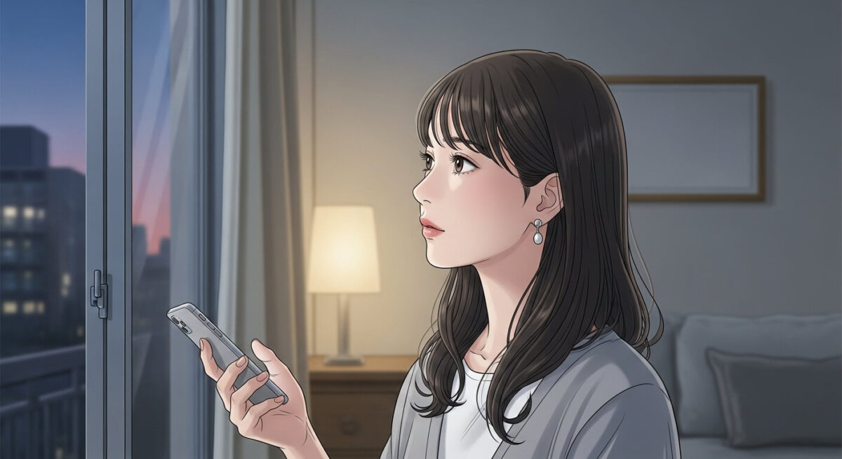 夕暮れの窓辺でスマホを持ちながら考え込む日本人女性