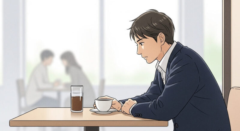 カフェで物思いにふける30代の日本人男性