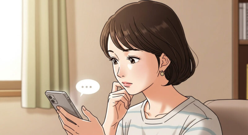 スマホのメッセージ画面をじっと見つめる日本人女性