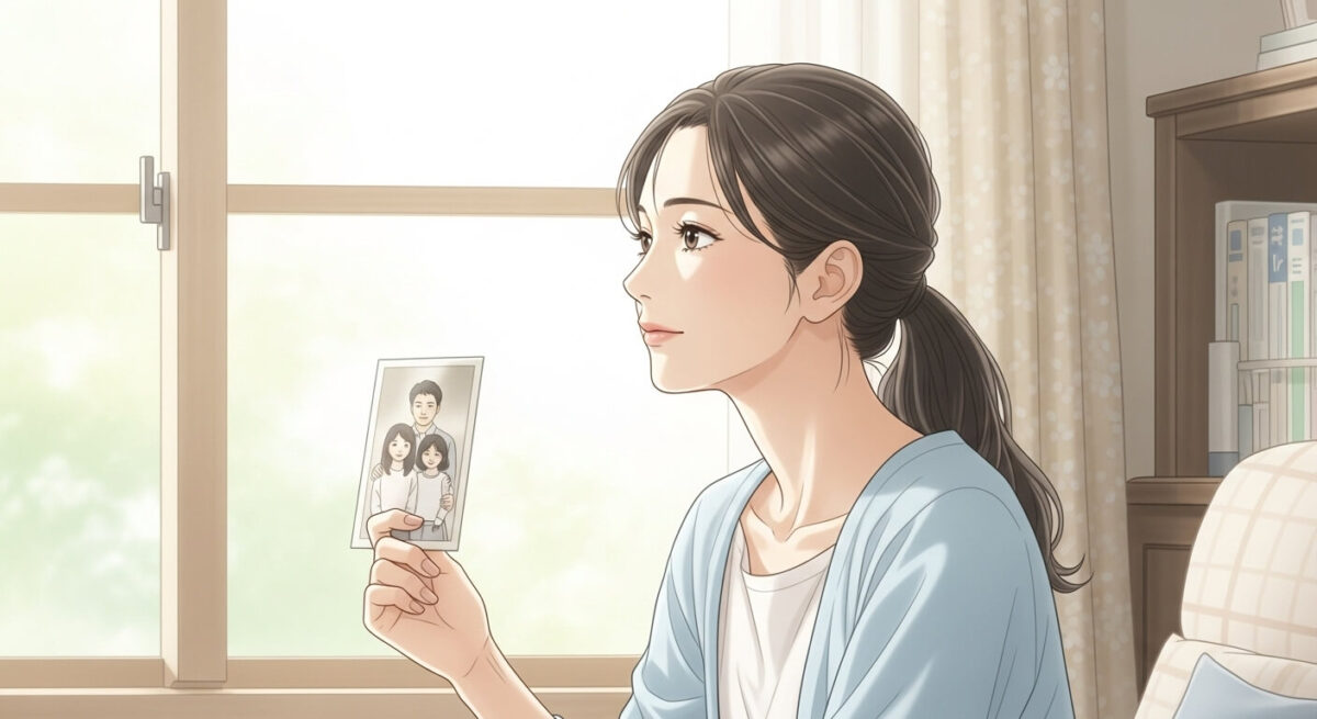窓辺で家族写真を見つめる落ち着いた表情の日本人女性