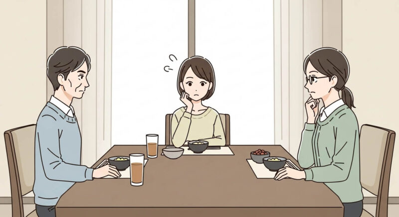 食卓で両親と向き合い、戸惑いの表情を見せる女性