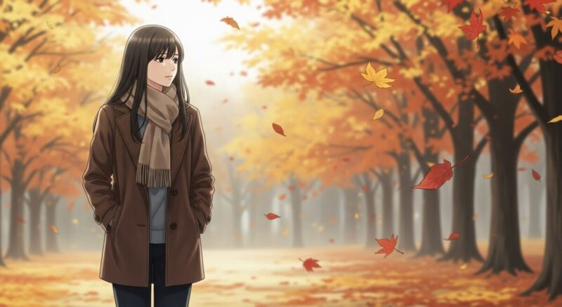 秋の公園で一人歩きながら思索にふける日本人女性