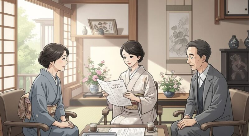生活設計の資料を示しながら両親と落ち着いて話す女性