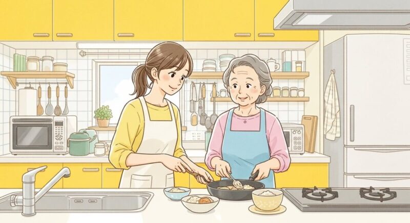 台所で母親と料理をしながら穏やかに過ごす女性