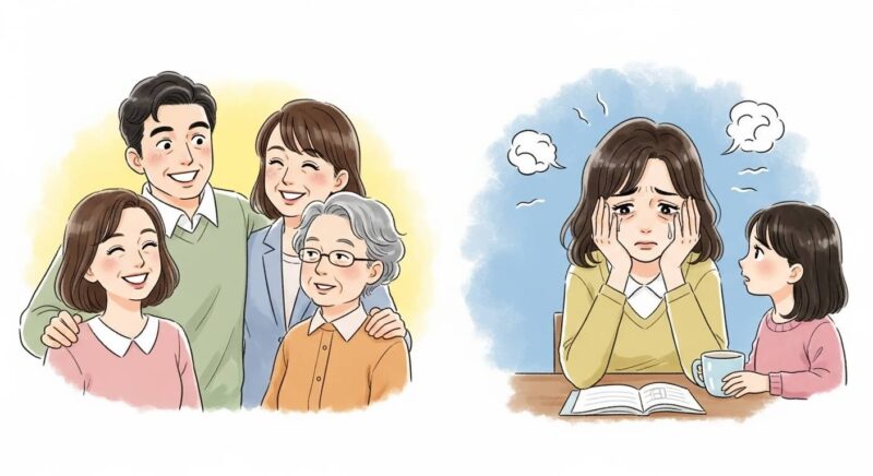 成功と失敗の場面を対比で描いた女性と両親