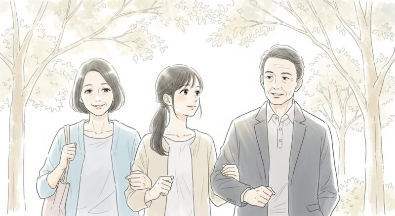 柔らかな日差しの中、和解した両親と歩く女性