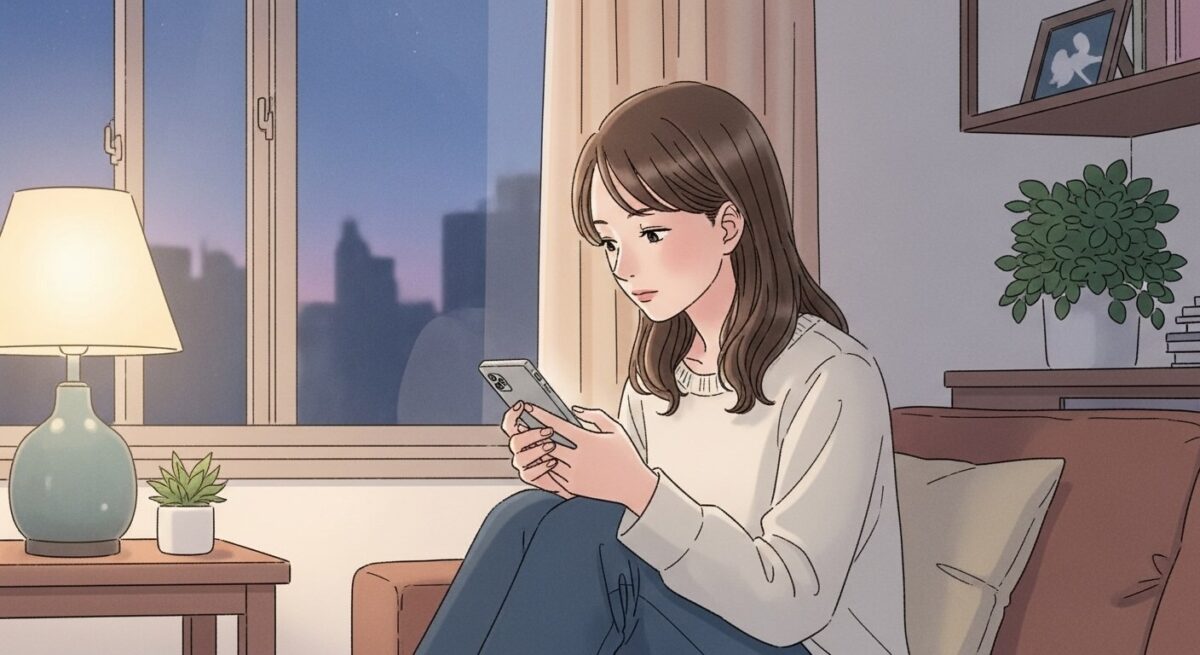 スマホを両手で持ち、物思いにふける日本人女性の落ち着いた雰囲気