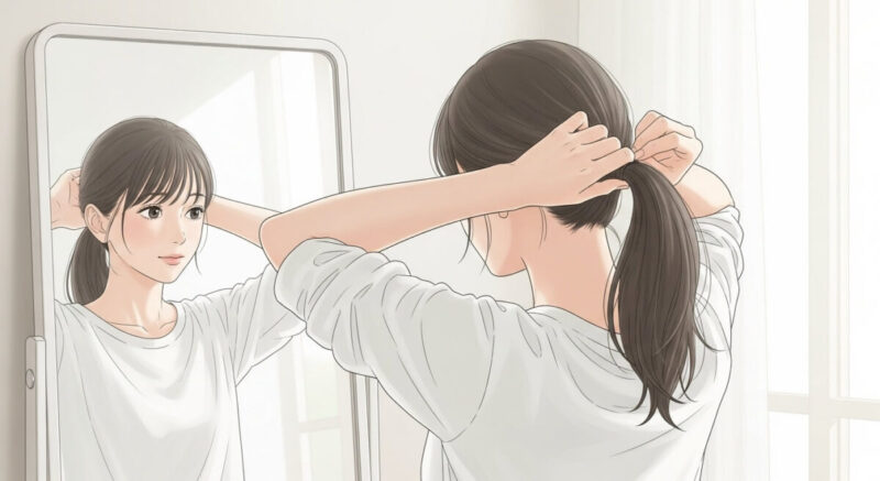 鏡の前で髪を整える日本人女性