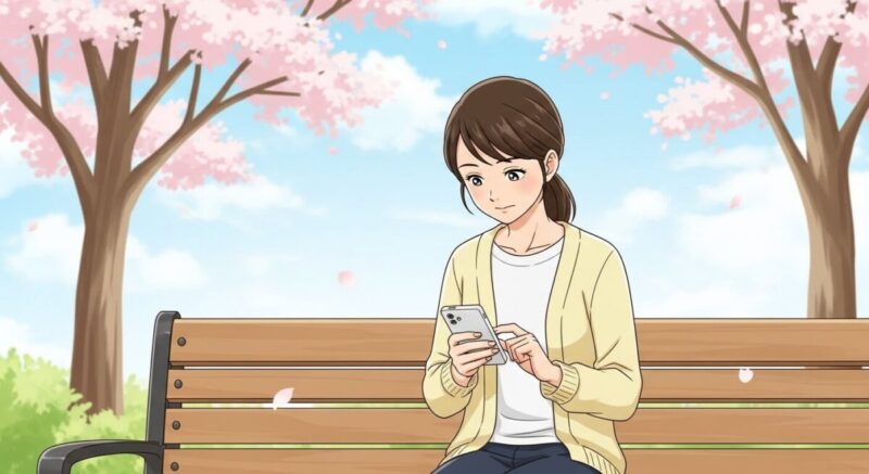 公園のベンチでスマホを打つ日本人女性