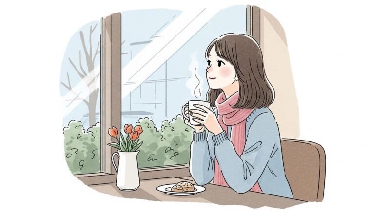 カフェの窓辺で微笑みながら外を眺める日本人女性