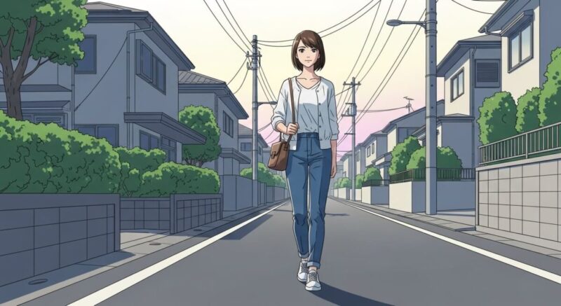 朝の住宅街を落ち着いた表情で歩く日本人女性