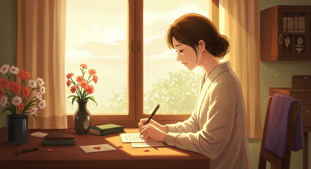 落ち着いた部屋で手紙を書く大人の女性