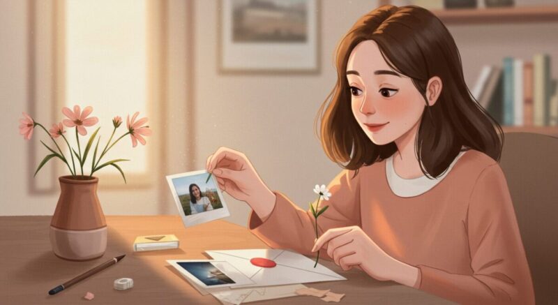 手紙に小さな工夫を添える女性の優しい表情