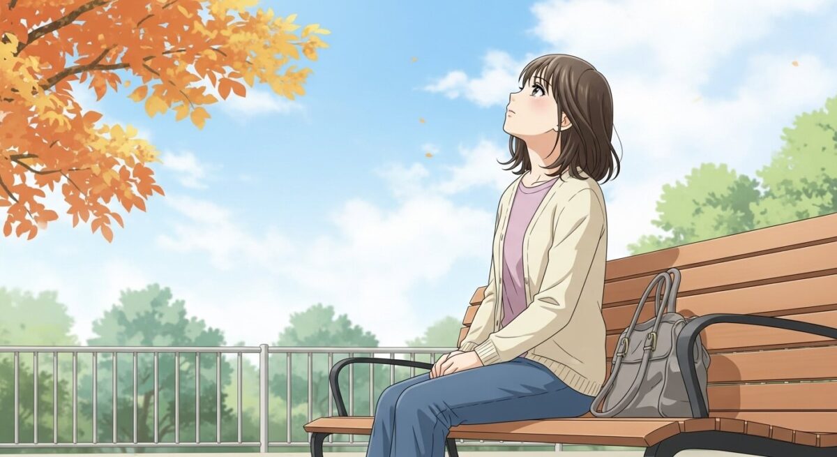 秋の公園のベンチで空を見上げながら、元恋人との関係に思いを馳せる日本人女性の繊細