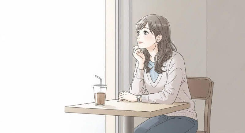 カフェの窓際に座り、静かに物思いにふける日本人女性のイラスト。友達としての関係を考える穏やかな表情