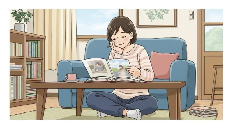 思い出の写真を見ながら、過去を前向きに振り返る日本人女性