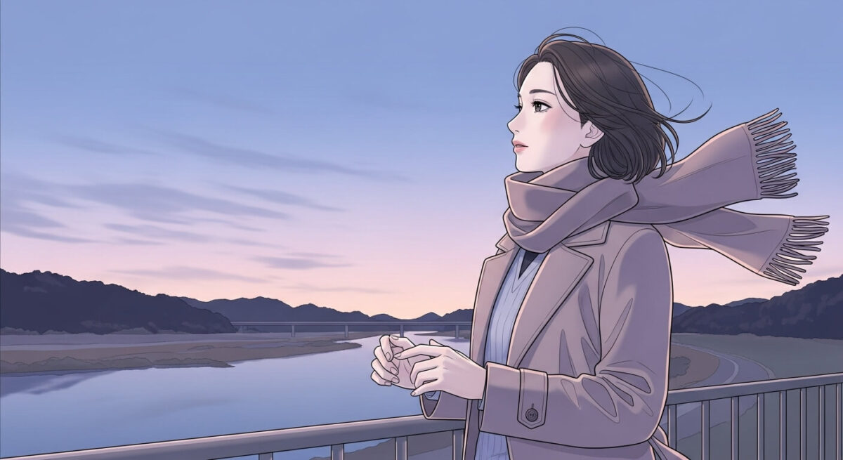 夕暮れの川辺で風にスカーフを押さえながら立つ女性